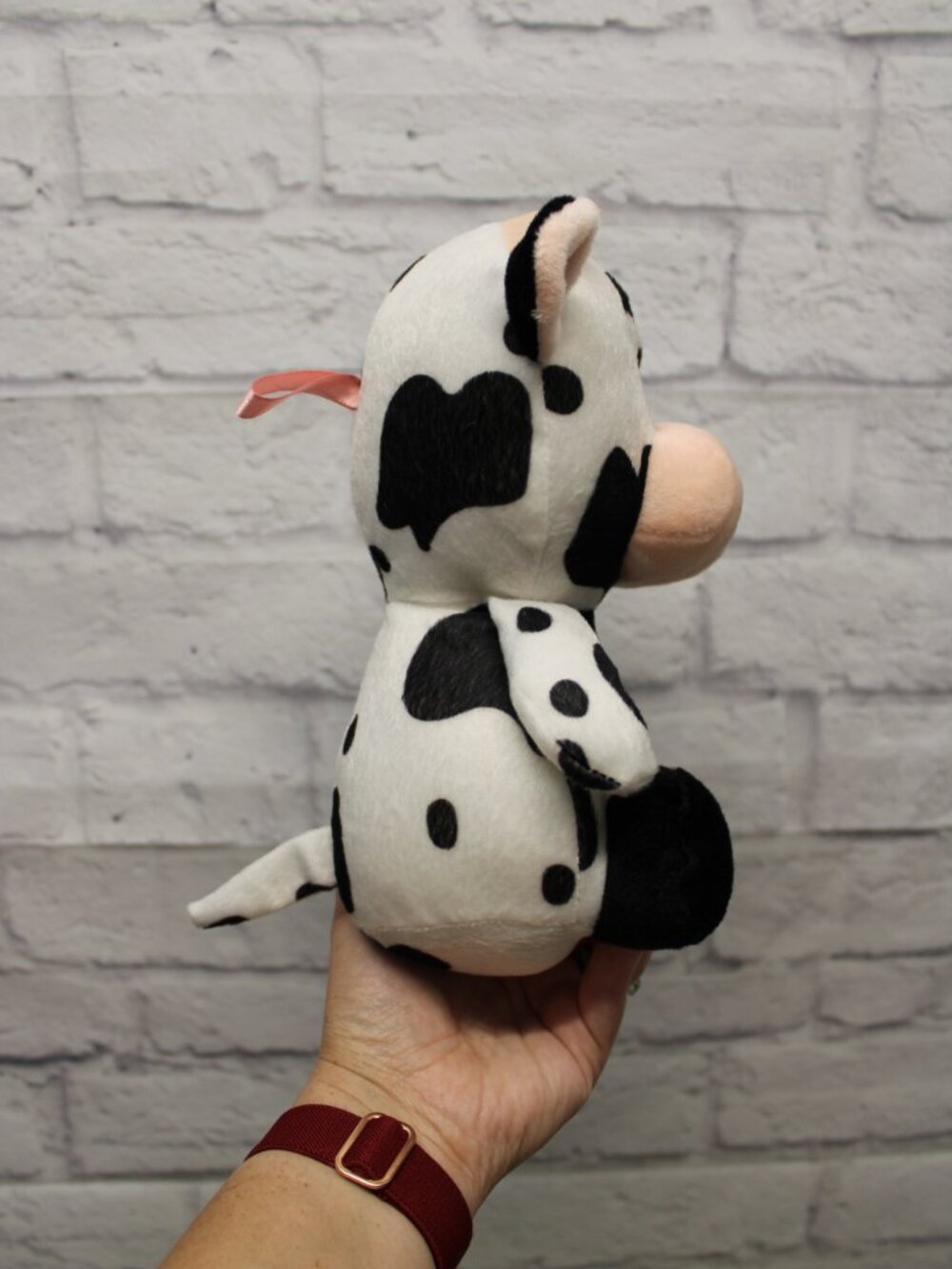 Small Black White Cow Felt Like Plush Toy Embroidered Face - Picture 4 of 8